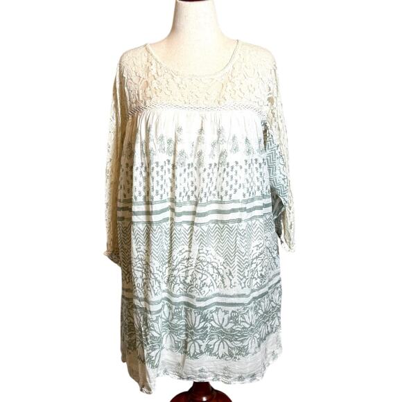 Free People Sun Daze Mini dress pale green & Ivory/cream loose shift & lace Sz L - Picture 1 of 13